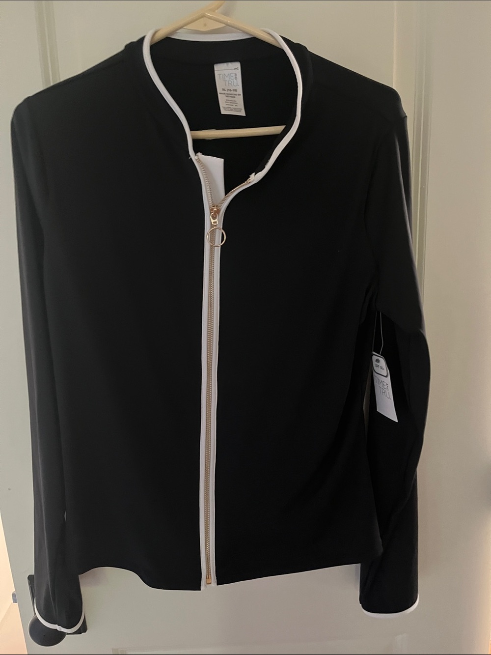 NWT Time and Tru Black UPF 50+Swim Jacket with White Trim and Gold Zip